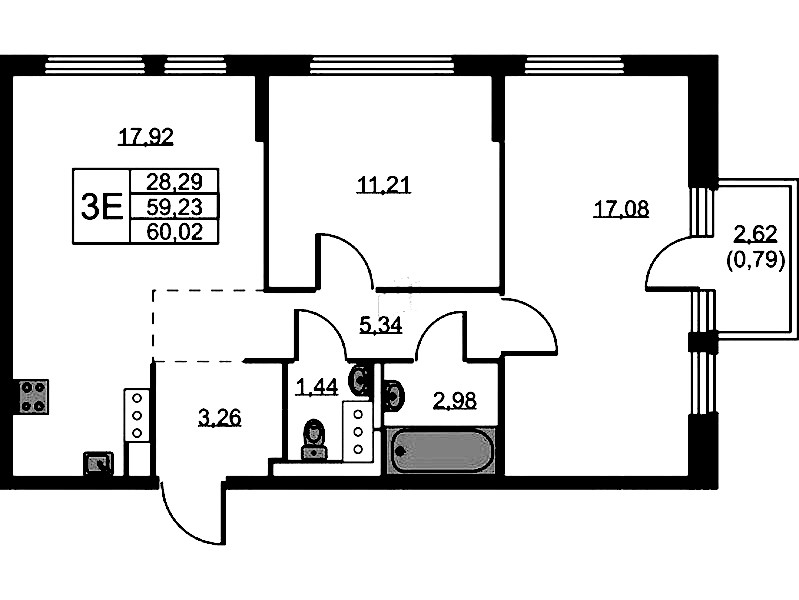 2-комнатная квартира 60.02 м², 11/11 эт., ЖК «Новое Колпино»